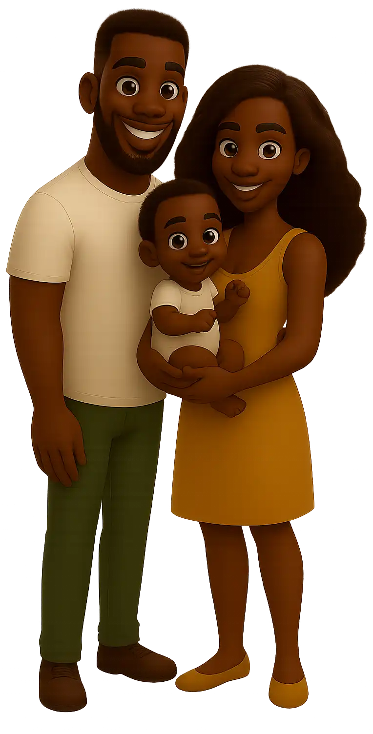 Ilustração de um casal sorridente segurando seu bebê, com o homem vestindo camiseta branca e calça verde, e a mulher um vestido amarelo.