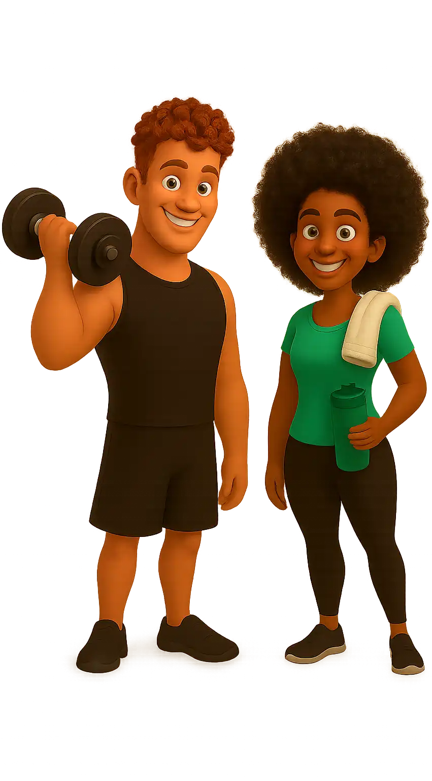 Casal sorridente fitness com homem segurando haltere e mulher com toalha no ombro e garrafa de água.