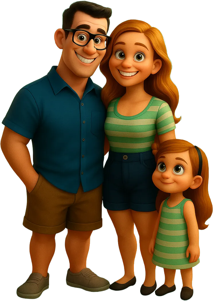 Família animada sorridente com pai de camisa azul e shorts marrons, mãe de camiseta listrada verde e shorts azuis, e filha pequena com vestido listrado verde.