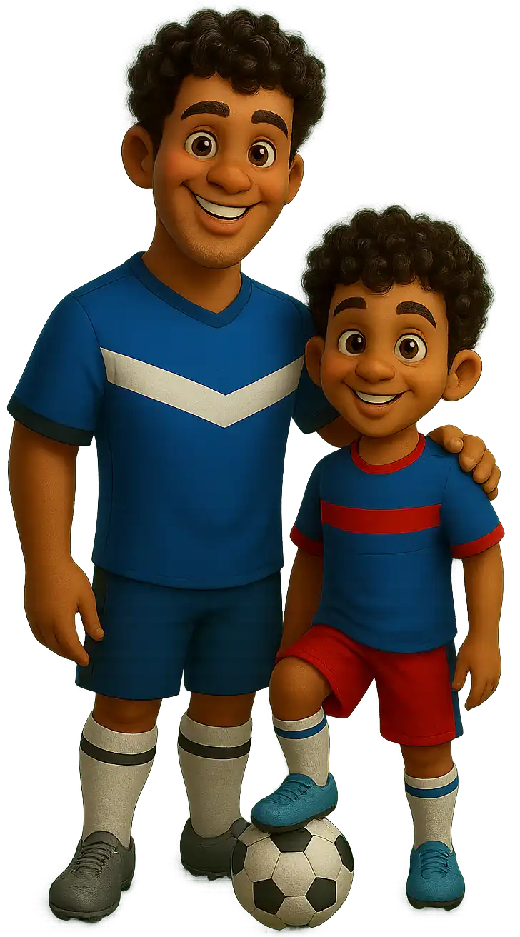 Ilustração de pai e filho sorridentes com uniforme de futebol, com o filho apoiando o pé em uma bola de futebol.